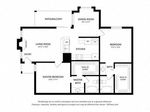 2 bed 2 bath 965 sq ft floorplan layout