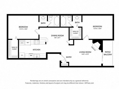 2 bed 2 bath 979 sq ft floorplan layout