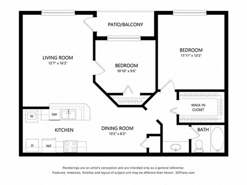 2 bed 1 bath 881 sq ft floorplan layout