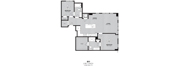 A black and white image of a floor plan for a 2 bedroom, 2 bath apartment.