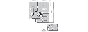 A black and white image of a floor plan for a 2 bedroom, 1 bath unit.
