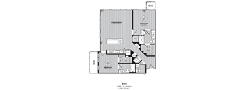A black and white image of a floor plan for apartment B14 with two bedrooms, two bathrooms, and a living/dining area.