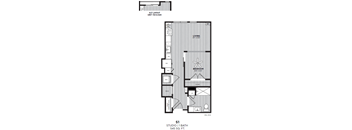 A floor plan of a studio apartment with a living space, bedroom, and bathroom.
