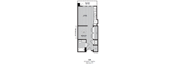 A floor plan of a studio apartment with a living room, bedroom, and bathroom.