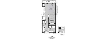 A floor plan of a studio apartment with a living room, bedroom, and bathroom.