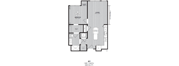 A drawing of a floor plan for a 1 bedroom, 1 bath apartment.