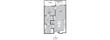 A floor plan of an apartment with a bedroom, living room, and dining room.