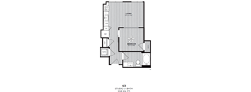 A floor plan for a studio apartment with a living room, bedroom, and bathroom.