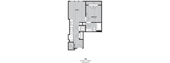 A floor plan for a studio apartment with a living room, bedroom, and bathroom.