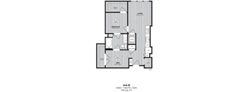 A floor plan of an apartment with a living room, bedroom, den, and bathroom.