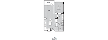 A black and white image of a floor plan for a 1 bedroom, 1 bathroom apartment.