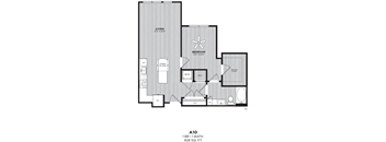 A floor plan for a 1 bedroom apartment with a living room, dining room, kitchen, bathroom, and bedroom.