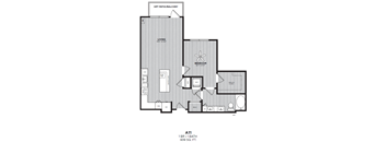 A floor plan of a one bedroom apartment with a living room, bedroom, and bathroom.