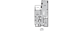 A floor plan of an apartment with a living room, bedroom, and balcony.