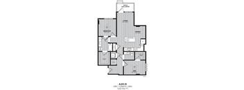 A floor plan of an apartment with a living room, dining room, kitchen, and two bedrooms.