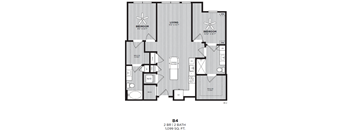 A black and white image of a 2 bedroom, 2 bathroom apartment.