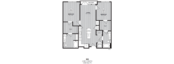 A black and white image of a floor plan for a 2 bedroom, 2 bath condo.