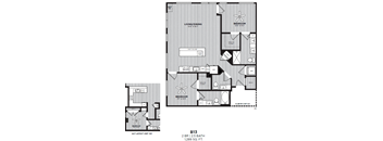 A black and white image of a floor plan for a 2 bedroom, 1.289 sq ft apartment.