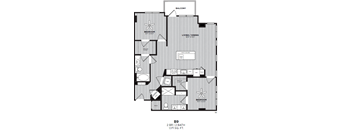 A black and white image of a floor plan for a 2 bedroom, 2 bath apartment.