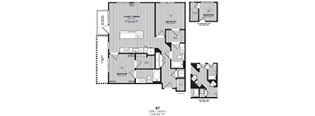 A black and white image of a floor plan for a 2 bedroom, 2 bath apartment.