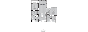A black and white image of a floor plan for a two bedroom, two bathroom apartment.