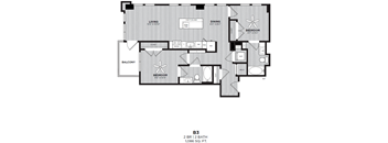 A black and white image of a floor plan for a 2 bedroom, 2 bathroom apartment.