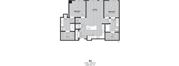 A black and white image of a floor plan for a 2 bedroom, 2 bath house.