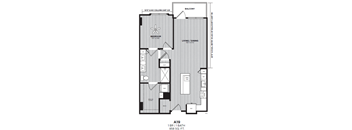 A black and white image of a floor plan for a one bedroom apartment.