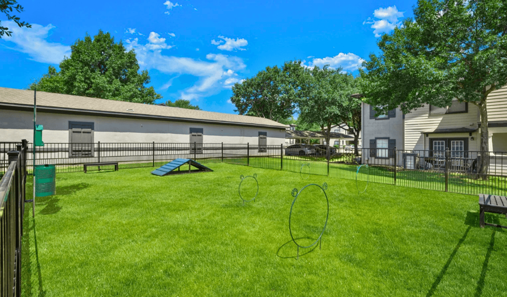 A backyard with a green lawn and a blue swing set.