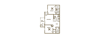 A floor plan of a home with two bedrooms, a living room, a dining room, a closet, a bathroom, a pantry, a storeroom and a patio balcony.