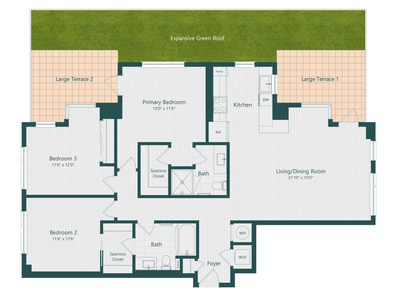 A floor plan of a house with an Expansive Green Roof, two terraces, and three bedrooms.