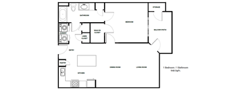 A black and white image of a floor plan for a one bedroom, one bathroom apartment.