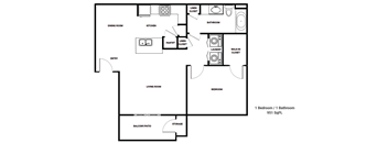 A floor plan of a one bedroom apartment with a balcony.