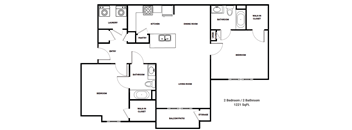 A black and white image of a floor plan for a 2 bedroom / 2 bathroom apartment.