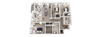 A top-down view of a modern apartment layout with labeled sections.