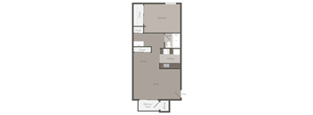 A floor plan of an apartment with a bedroom, living room, kitchen, and dining area.