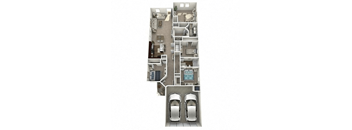 A floor plan of a house with two bedrooms, two bathrooms, a living room, a kitchen, and a garage.