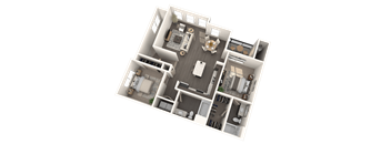 A 3D floor plan of a house with a living room, kitchen, dining room, and two bedrooms.