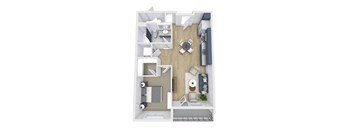 A top down view of a small apartment with a kitchen, living room, and bathroom.