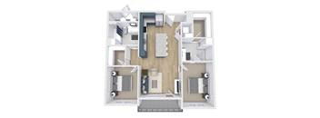 a stylized floor plan with a bedroom and a living room