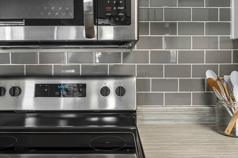 Close up view of the stainless steel appliances at Serafina at South Mountain apartments for rent in Ahwatukee.