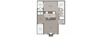 A floor plan of a house with a balcony, a kitchen, a dining area, a living room, a bedroom, a bathroom, and storage.