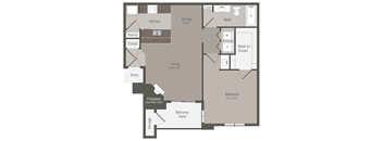 A floor plan of a house with a living room, dining room, kitchen, and bathroom.