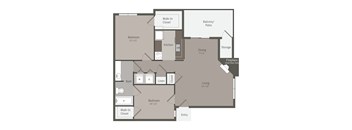 A floor plan of a two-bedroom apartment with a living room, kitchen, and bathroom.