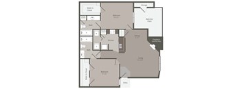 A floor plan of a house with two bedrooms, a living room, a dining room, a kitchen, a pantry, a walk-in closet, a bath, and storage.