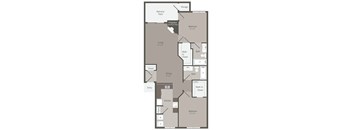 A floor plan of an apartment with a living room, kitchen, two bedrooms, and a fireplace.