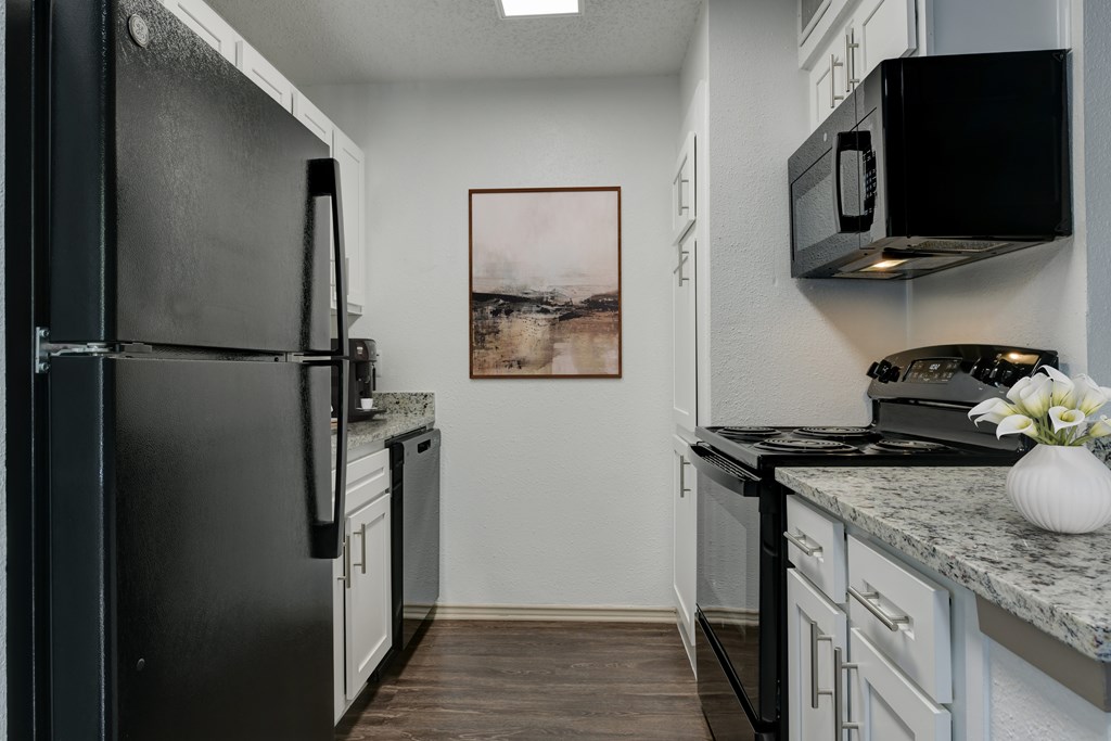 A black fridge sits next to a black microwave in a kitchen.
