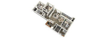 A 3D floor plan of a house with multiple rooms and furniture.