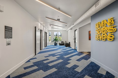 A hallway with a carpet that has a blue and white pattern on it.