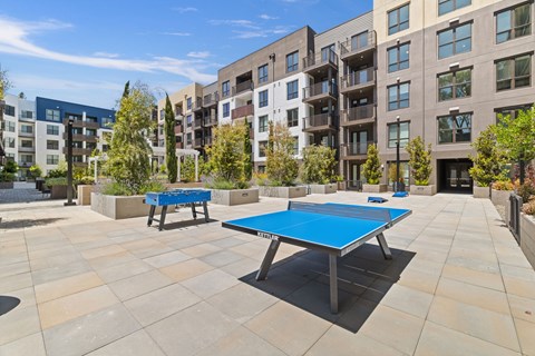 A blue table is in the middle of a courtyard with buildings in the background.
